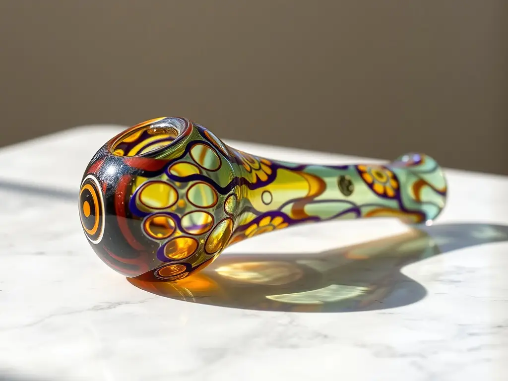A detailed image of an Artisan Glass Pipe, featuring swirling colors of blue, green, and amber, emphasizing the intricate patterns and smooth, glossy finish.